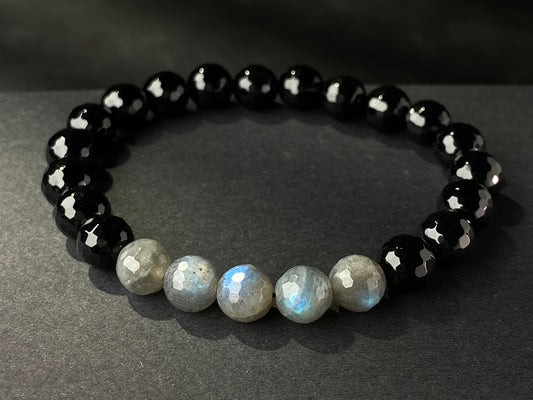 8mm Labradorite & black onyx faceted beads stretch bracelets