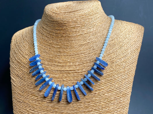 Natural Kyanite and 6mm aquamarine beads necklace gift for her