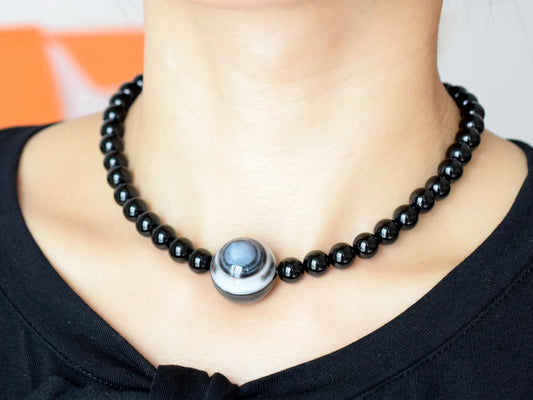20mm Eye agate and black onyx beads necklace